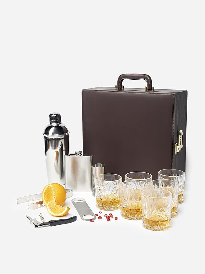 Anything & Everything Big Premium Bar Set with 6 Whiskey Glasses | Portable Leatherette Bar Set | Bar Set for Picnic | Bar Set for Travel | Bar Set for Car (Brown)