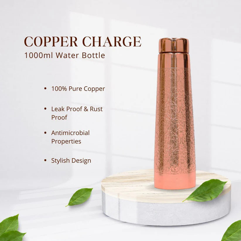 Tradify Copper Charge 1000ml Water Bottle 100% Pure Copper Water Bottle Leak Proof & Rust Proof for Home, School & Office (1000 ml) (Tappered Design)